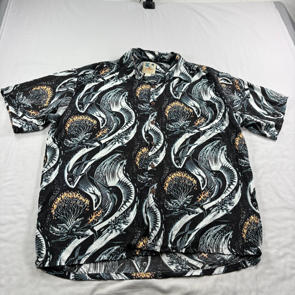 Kahala John Severson Hawaiian Shirt Mens Large Black Fish Aloha Camp Rayon